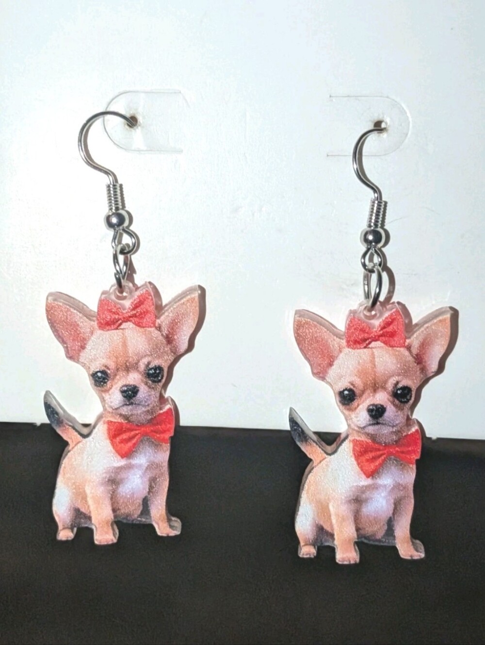 Hand Crafted Charming Chihuahua Bow Earrings - Pink & Red